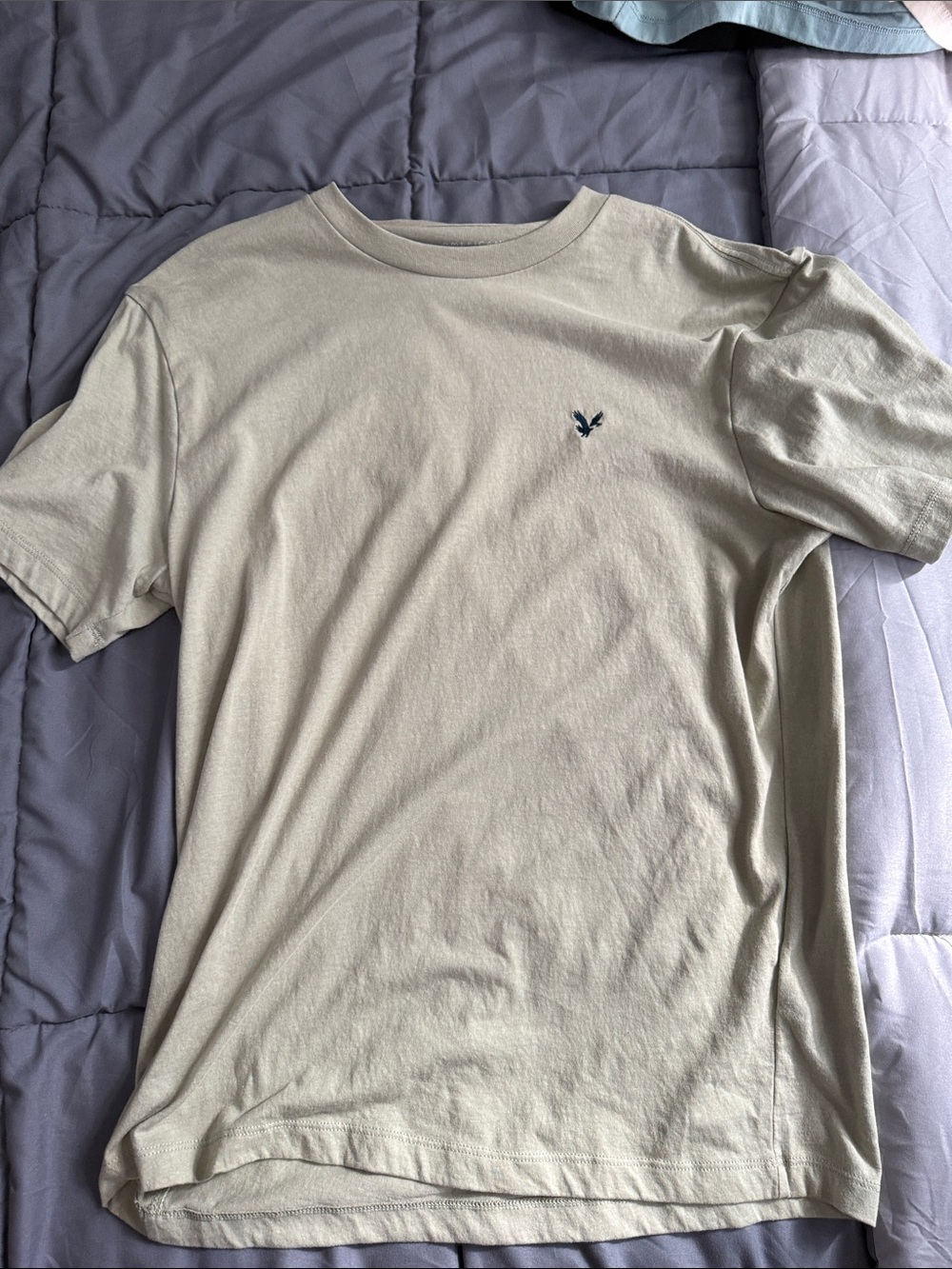 American Eagle Outfitters Light Beige Crew Neck Tee with Navy Logo